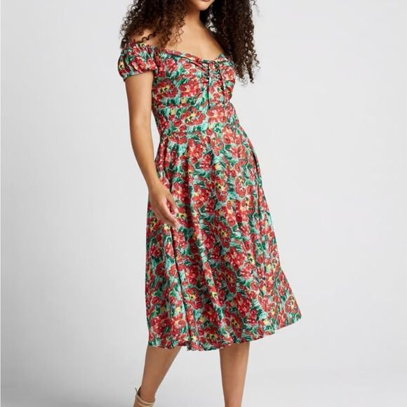 Modcloth Floral Sheen of Spring Fit & Flare Midi Sundress Off Shoulder 6 NWT - Picture 1 of 11